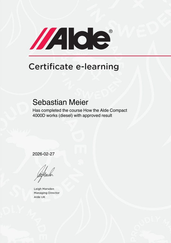 Sebastian Meier's Alde Compact 4000D Diesel heating certificate for Marine Heating Solutions, issued by Alde UK