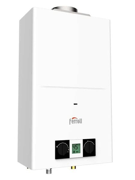 Clear view of the Ferroli Pegaso Eco 6 LPG water heater showing the digital display, control dials, and bottom connection points.