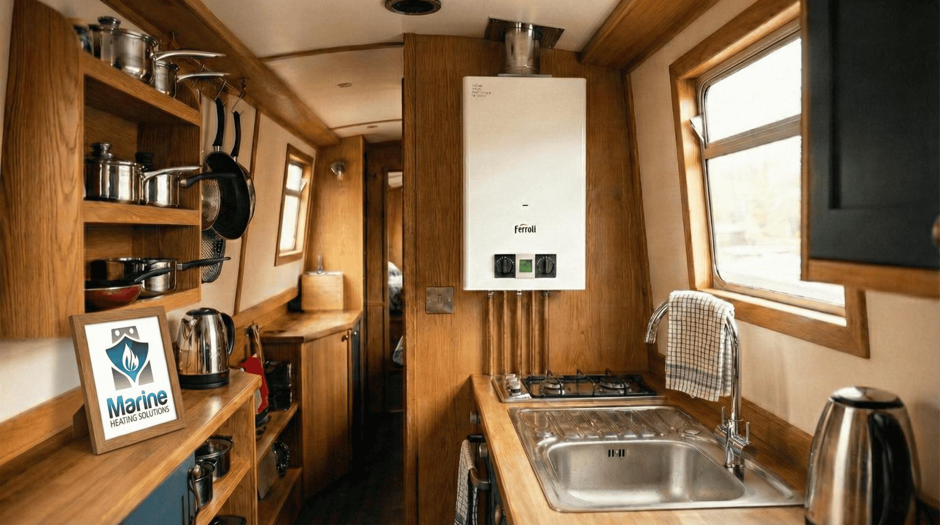Ferroli Pegaso Eco 6 LPG water heater professionally installed in a narrowboat galley with copper pipework and flue.