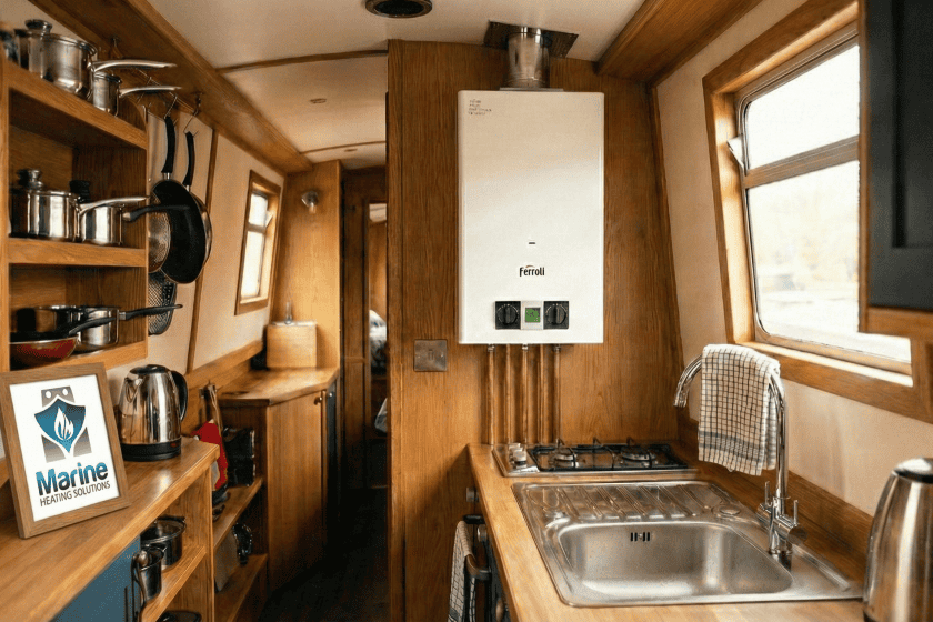 Ferroli Pegaso Eco 6 LPG water heater professionally installed in a narrowboat galley with copper pipework and flue.