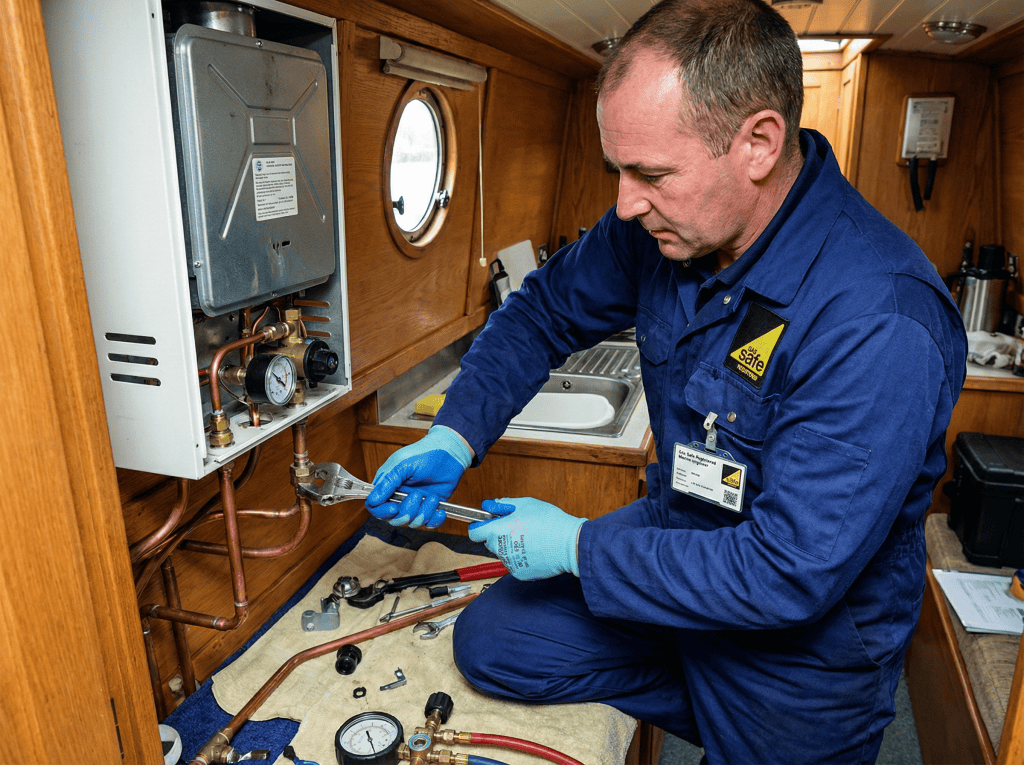 A Gas Safe registered marine engineer in blue overalls using a wrench to repair an LPG water heater inside the wooden-clad interior of a narrowboat.