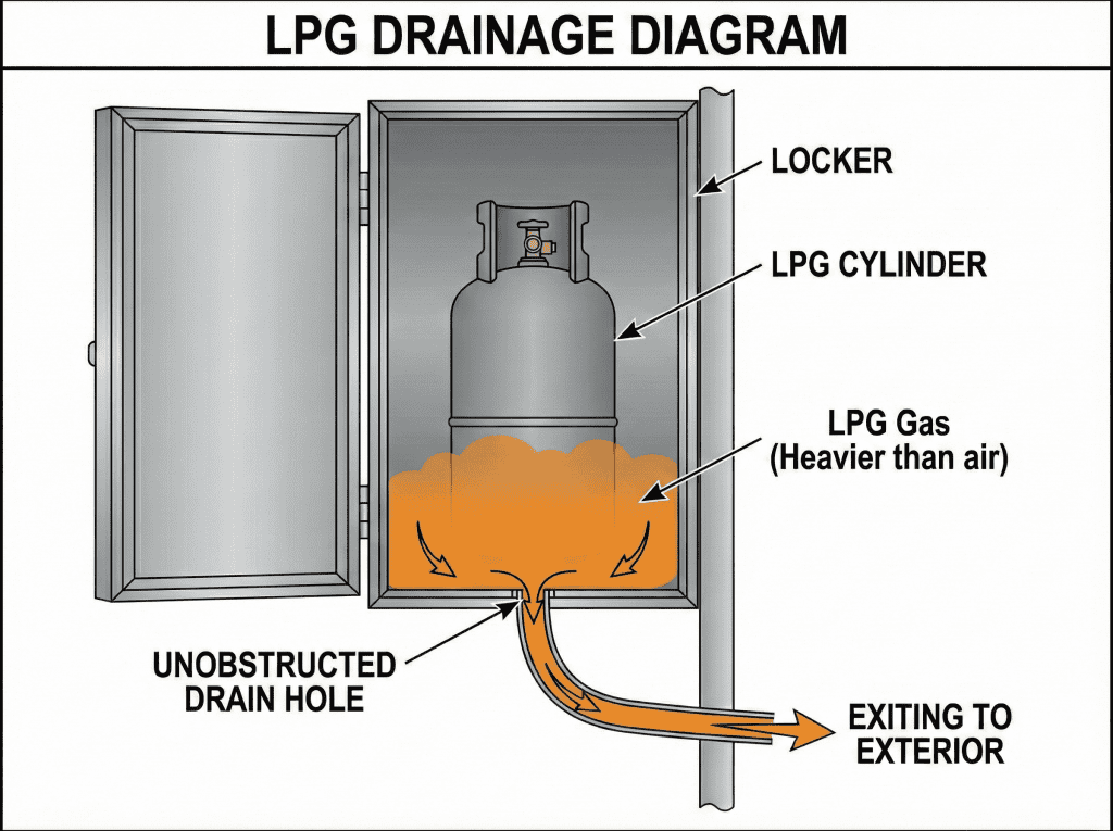A technical diagram showing how LPG, which is heavier than air, pools at the bottom of a marine gas locker and exits through an unobstructed drain hole to the exterior.