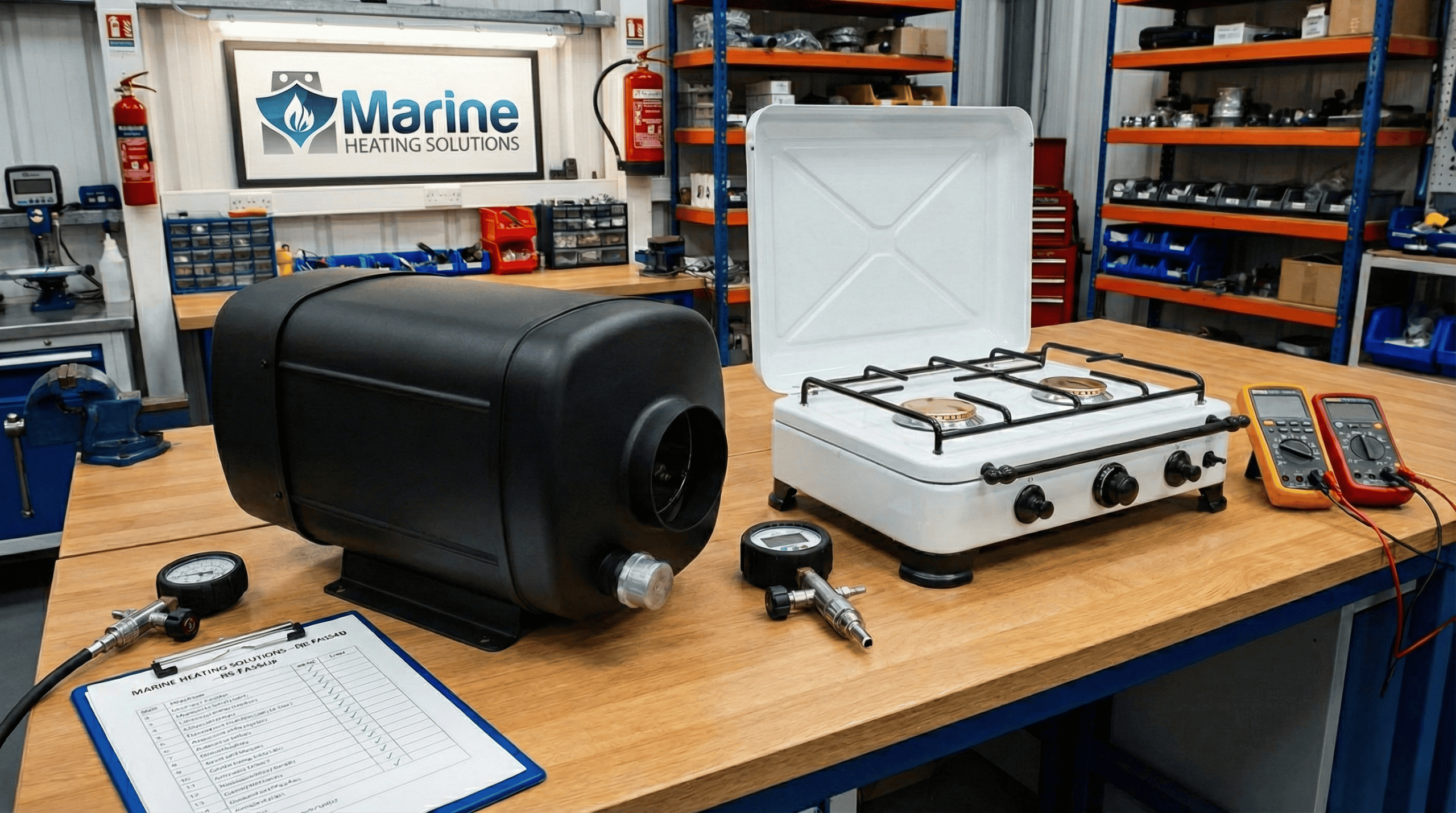 A professionally refurbished black marine diesel heater and white LPG cooker on a workshop bench with specialist diagnostic tools, featuring the Marine Heating Solutions logo in a framed display.