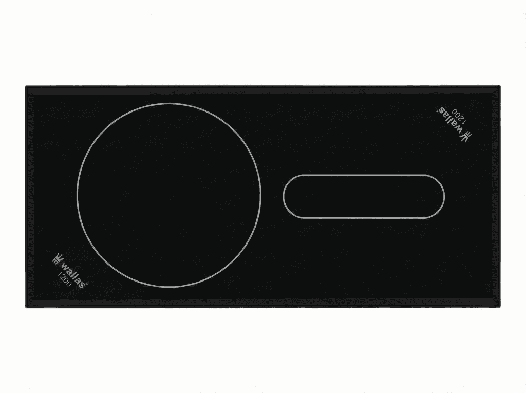 Top-down view of the Wallas 1200D ceramic diesel hob showing the high-performance 2.2kW burner and slim-profile facet ground surface.