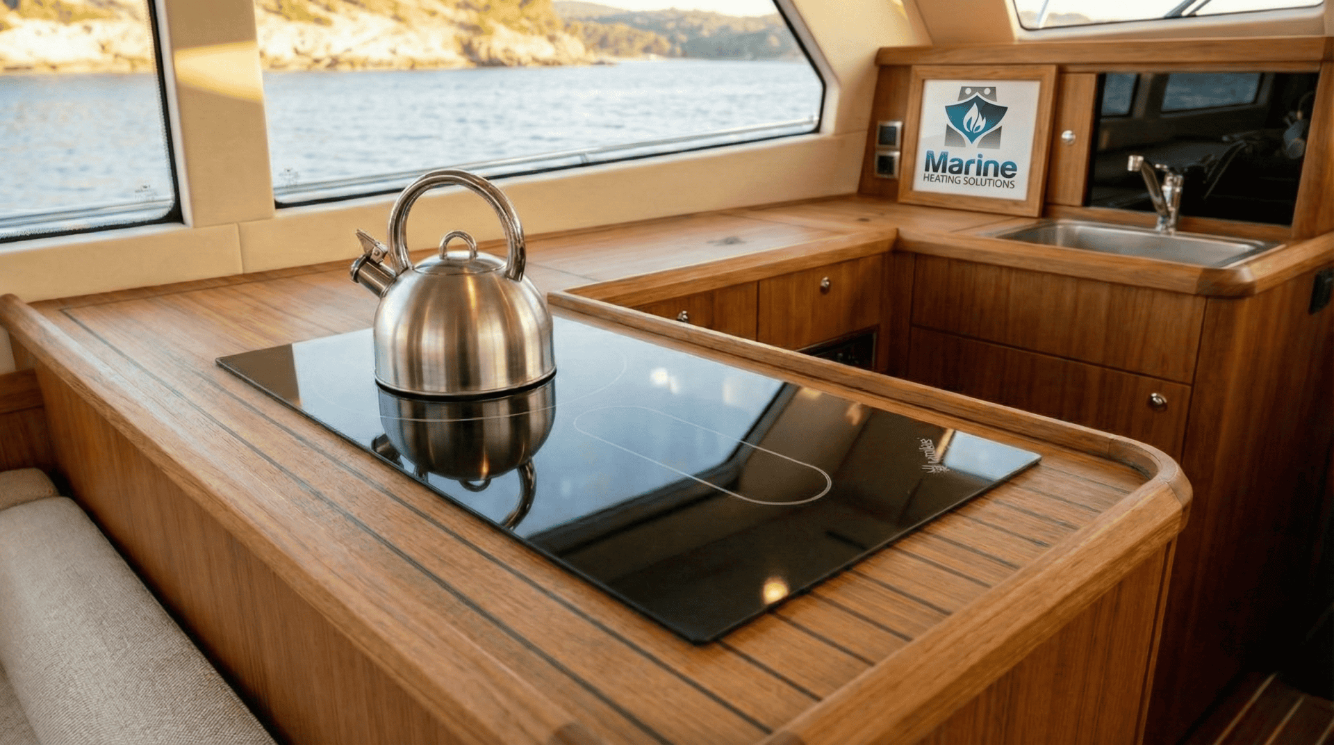 Wallas 1200D ceramic diesel hob professionally flush-mounted in a wooden boat galley by Marine Heating Solutions.