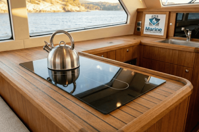 Wallas 1200D ceramic diesel hob professionally flush-mounted in a wooden boat galley by Marine Heating Solutions.