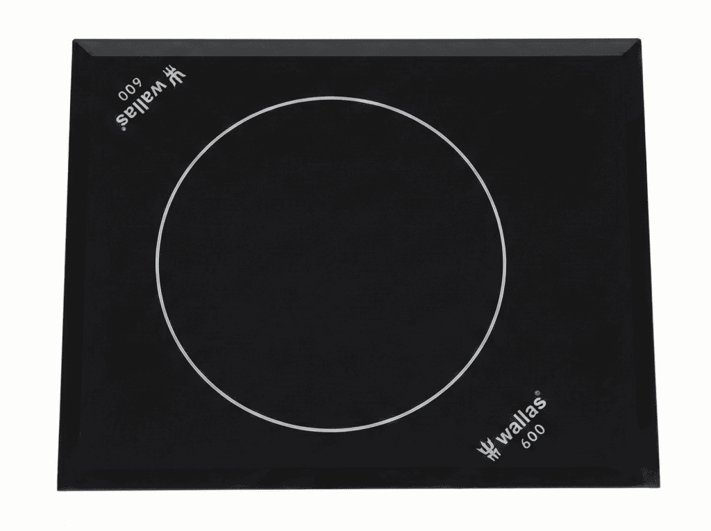 Top-down view of the Wallas 600D ceramic diesel hob showing the high-performance 2kW burner and slim-profile facet ground surface.