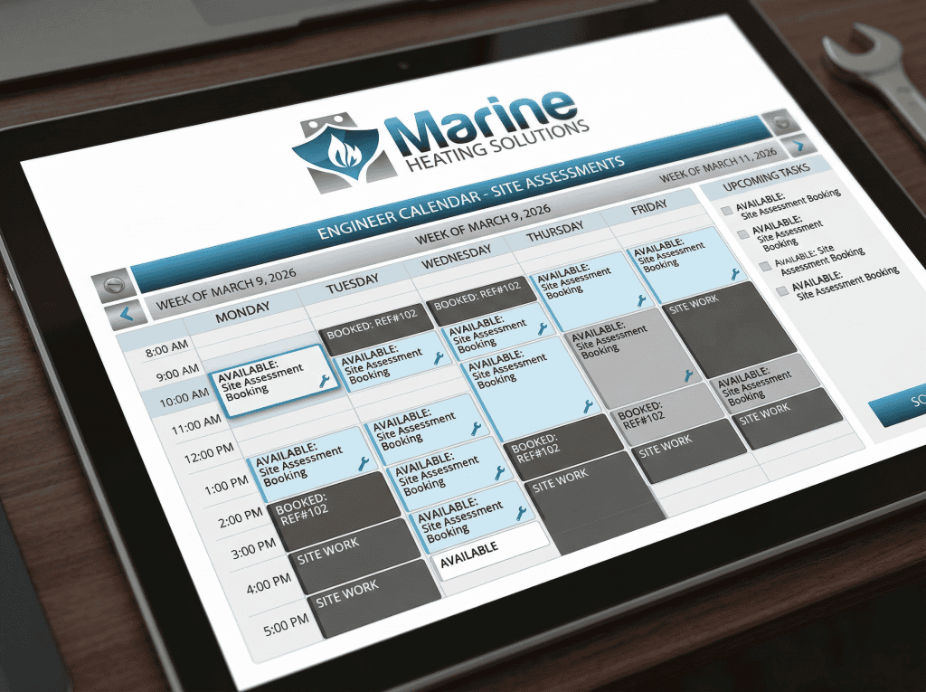 Digital booking calendar for Marine Heating Solutions showing available slots for professional site assessments and formal job estimates.