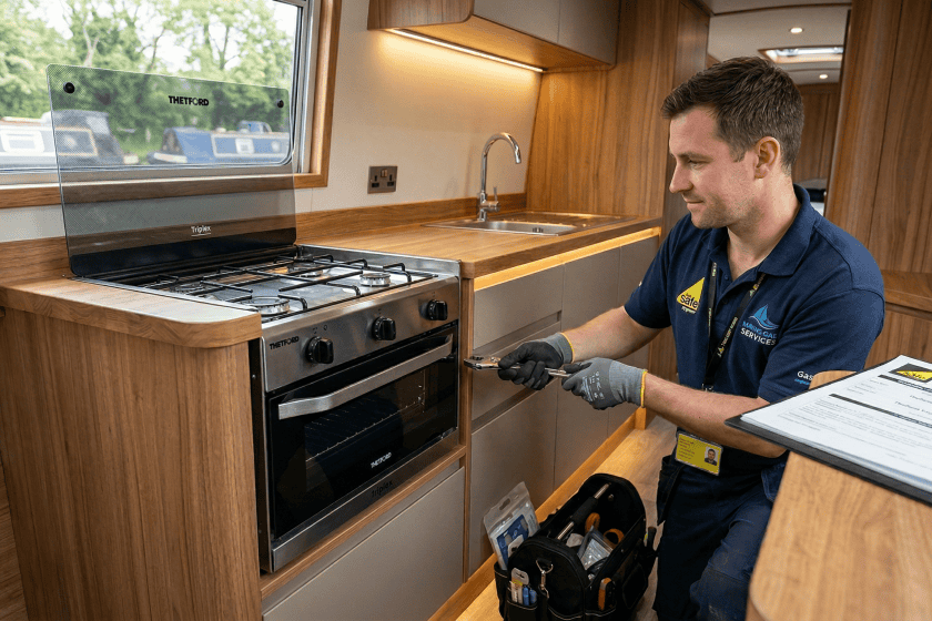 Gas Safe Registered engineer installing a compliant LPG gas cooker for a boat, ensuring Flame Failure Devices (FFD) meet BSS safety standards.