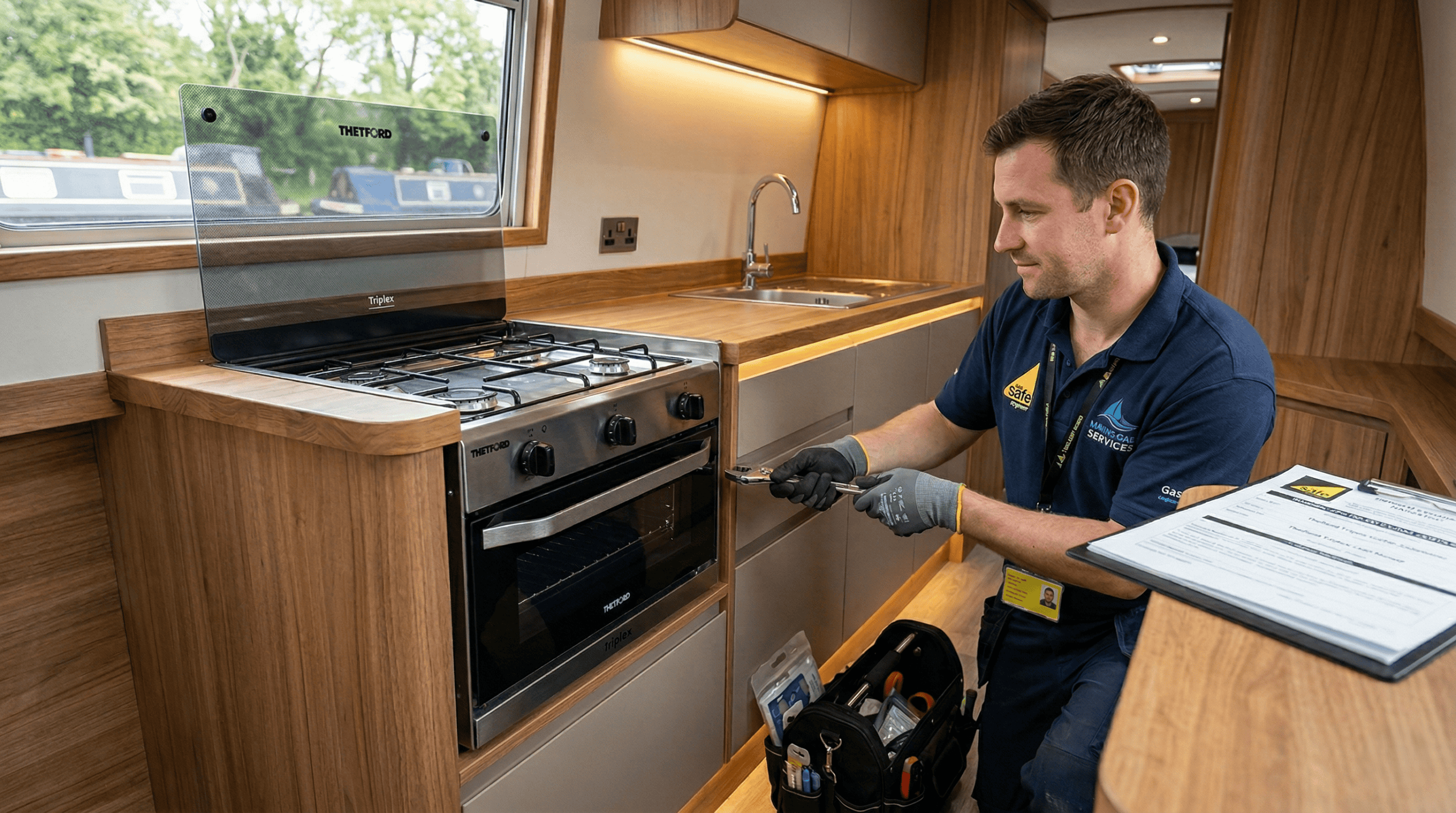 Gas Safe Registered engineer installing a compliant LPG gas cooker for a boat, ensuring Flame Failure Devices (FFD) meet BSS safety standards.