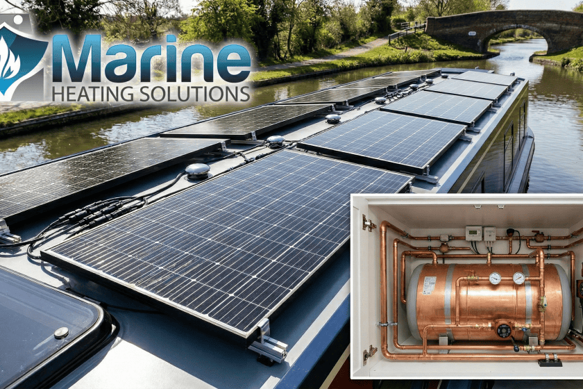 Professional solar dump installation on a narrowboat featuring high-efficiency roof panels and a copper-plumbed calorifier hot water tank by Marine Heating Solutions