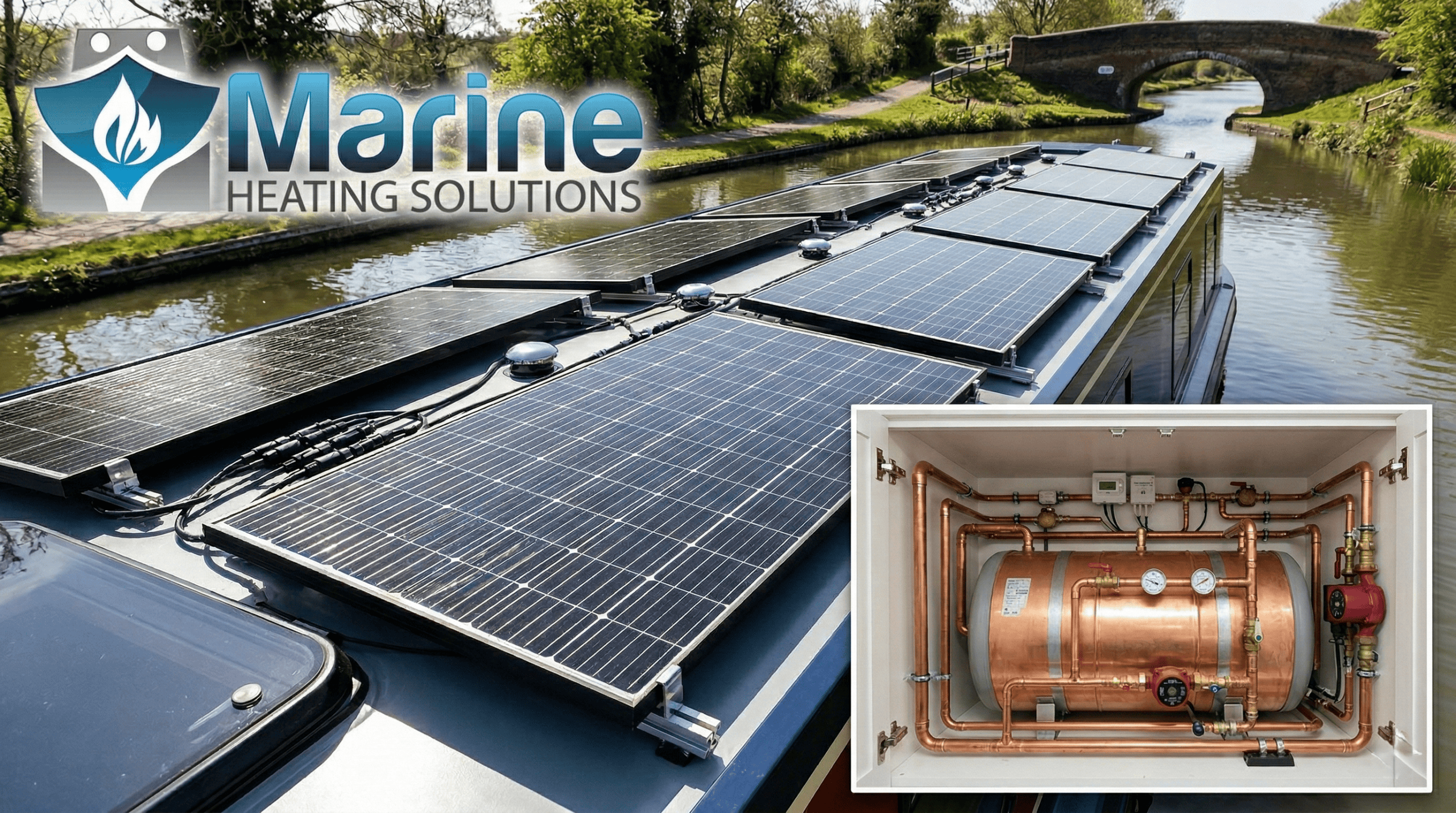Professional solar dump installation on a narrowboat featuring high-efficiency roof panels and a copper-plumbed calorifier hot water tank by Marine Heating Solutions
