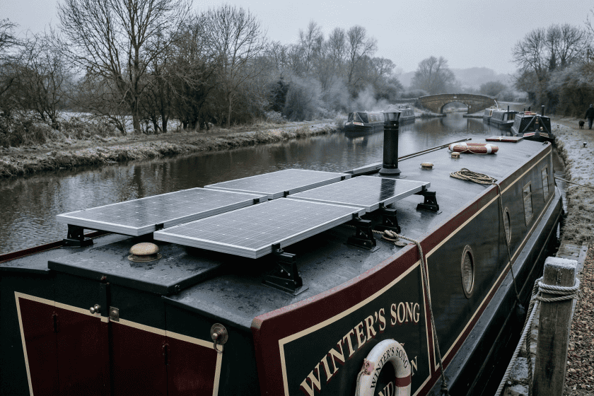 Professional installation of high-efficiency rigid marine solar panels on a UK narrowboat roof, ensuring BSS-compliant wiring and mounting.