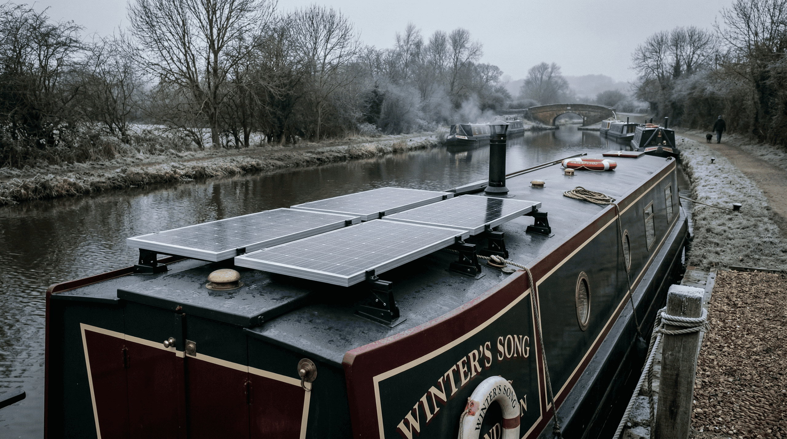 Professional installation of high-efficiency rigid marine solar panels on a UK narrowboat roof, ensuring BSS-compliant wiring and mounting.