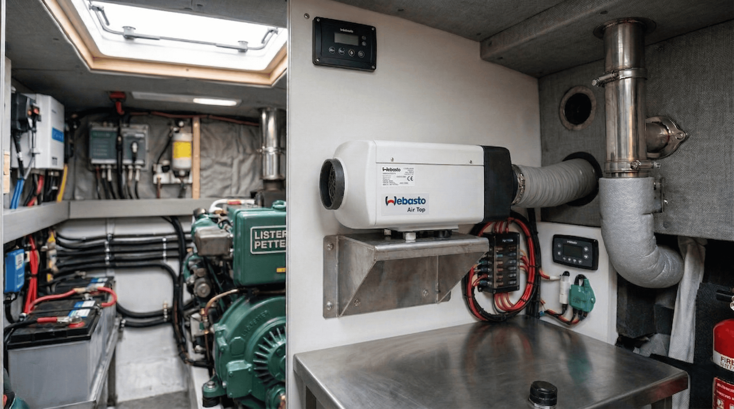 Professional Webasto diesel heater installation in a narrowboat, featuring marine-grade exhaust insulation and secure fuel lines for BSS compliance.