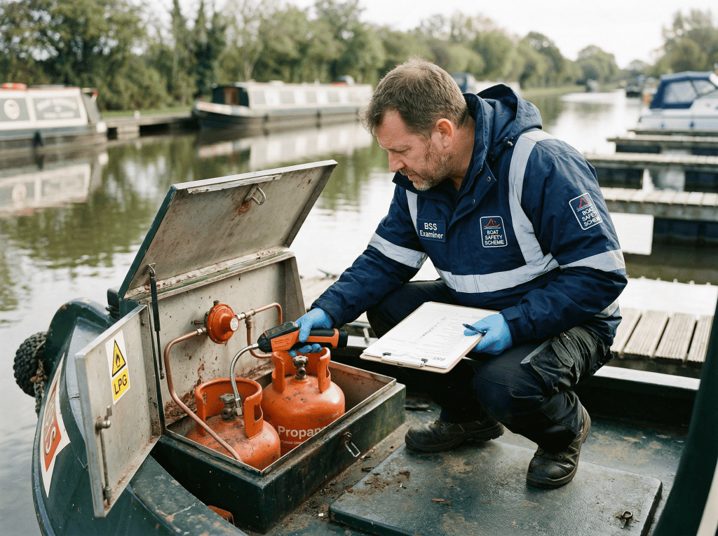A certified BSS examiner using an electronic leak detector to inspect propane cylinders in a narrowboat gas locker.
