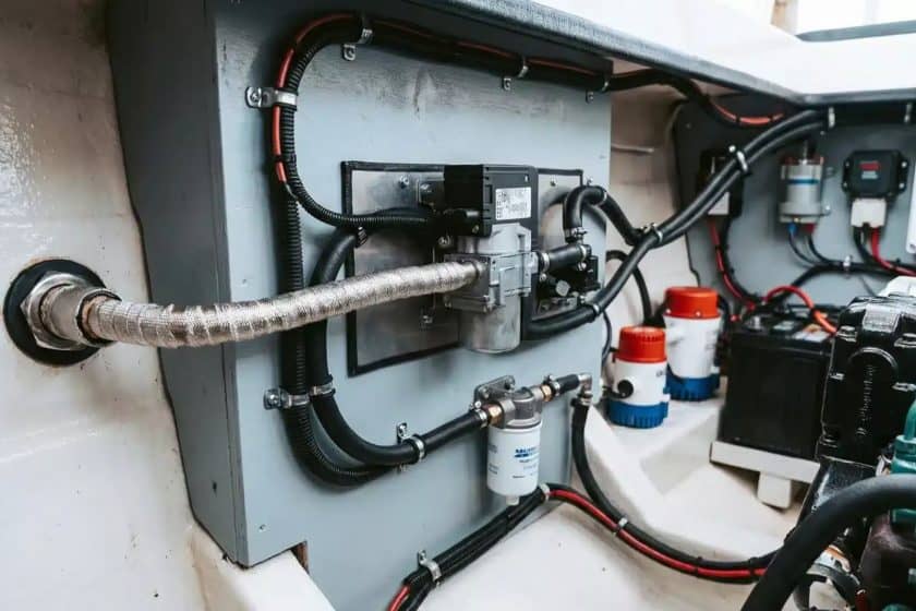 Professional installation of a marine diesel water heater (wet system), showing tidy engineering with clean wiring and fuel lines.