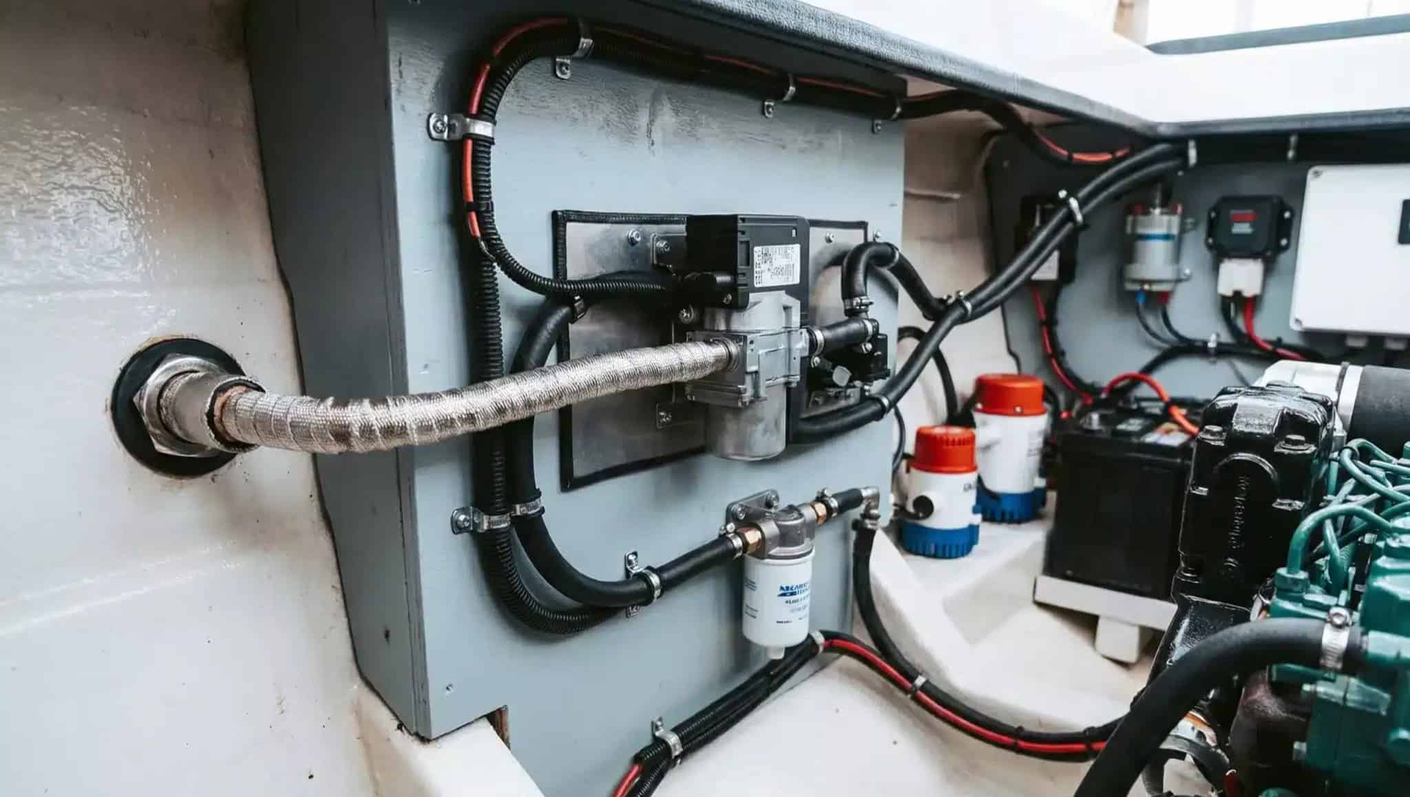 Professional installation of a marine diesel water heater (wet system), showing tidy engineering with clean wiring and fuel lines.