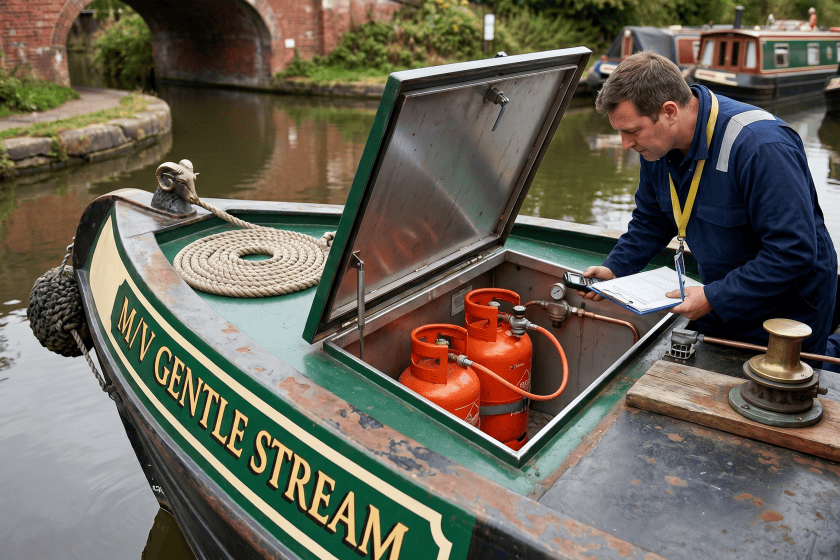 A marine Gas Safe engineer in a blue boiler suit inspects an open LPG cylinder locker on the bow of the narrowboat M/V Gentle Stream on a UK canal.