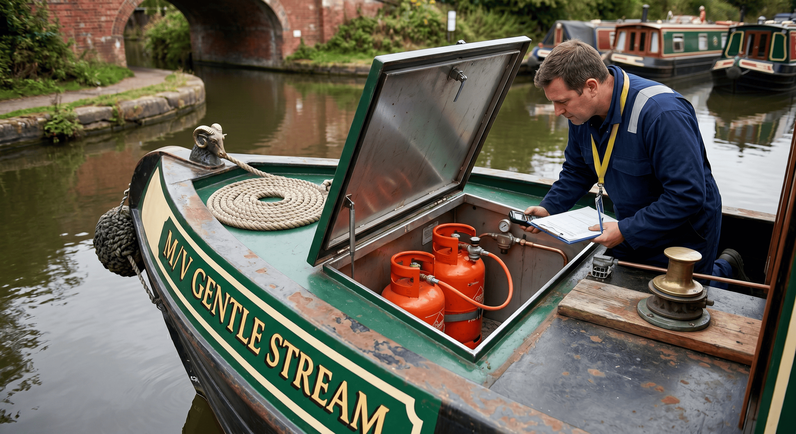 A marine Gas Safe engineer in a blue boiler suit inspects an open LPG cylinder locker on the bow of the narrowboat M/V Gentle Stream on a UK canal.