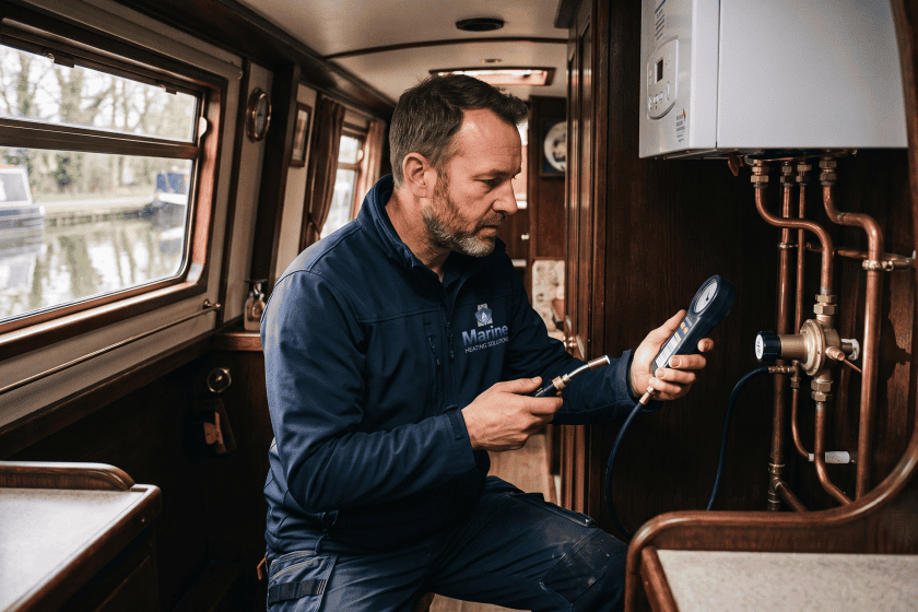 A professional marine heating engineer using a digital test gauge to inspect the LPG gas valve and copper pipework system under a boiler inside a traditional narrowboat cabin.