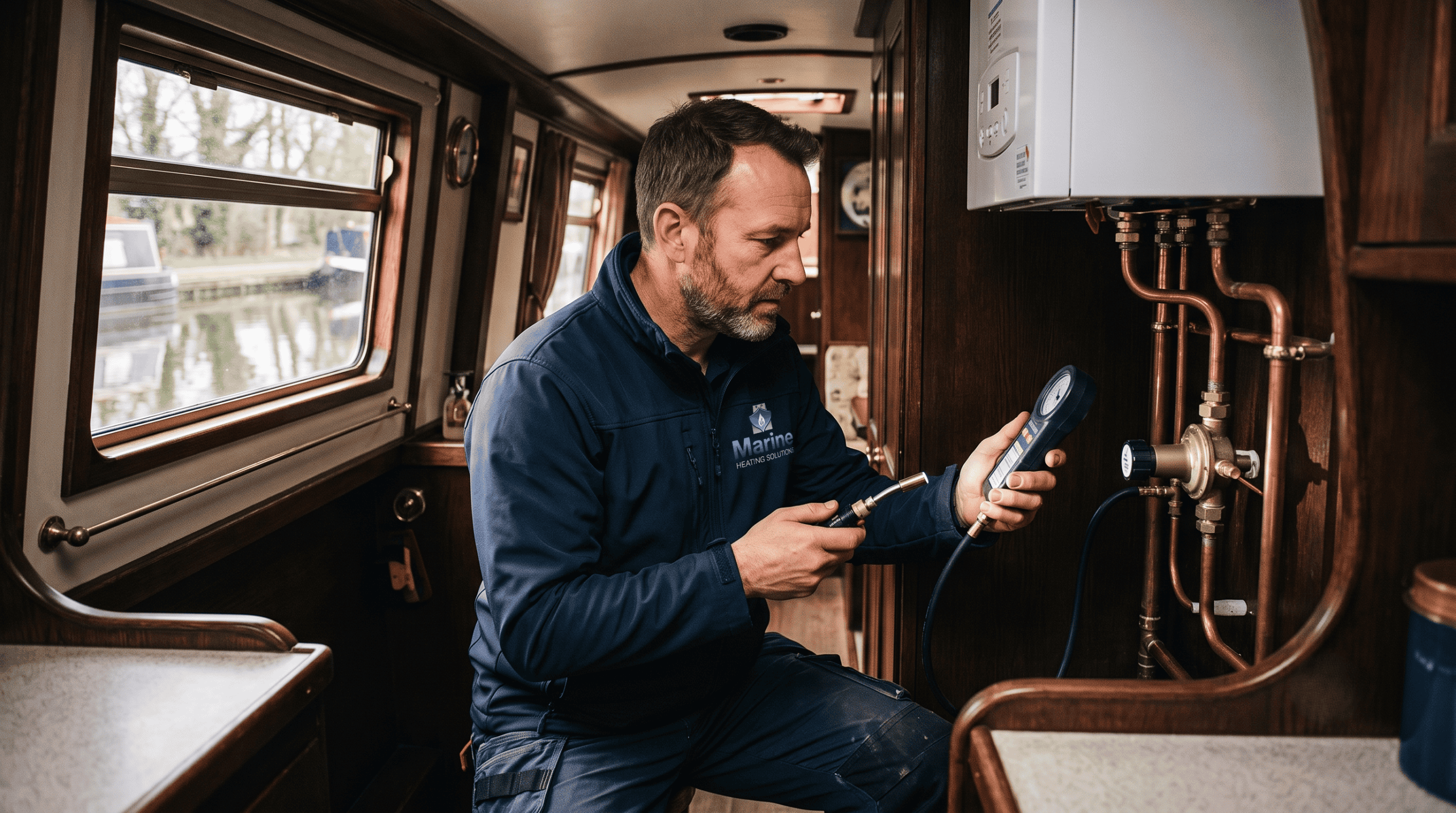 A professional marine heating engineer using a digital test gauge to inspect the LPG gas valve and copper pipework system under a boiler inside a traditional narrowboat cabin.