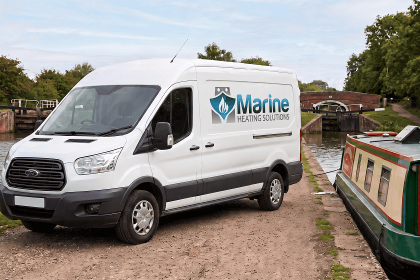 A white Ford Transit engineering van branded with the Marine Heating Solutions logo, parked on a gravel towpath next to a traditional green and red narrowboat at a UK canal lock system.