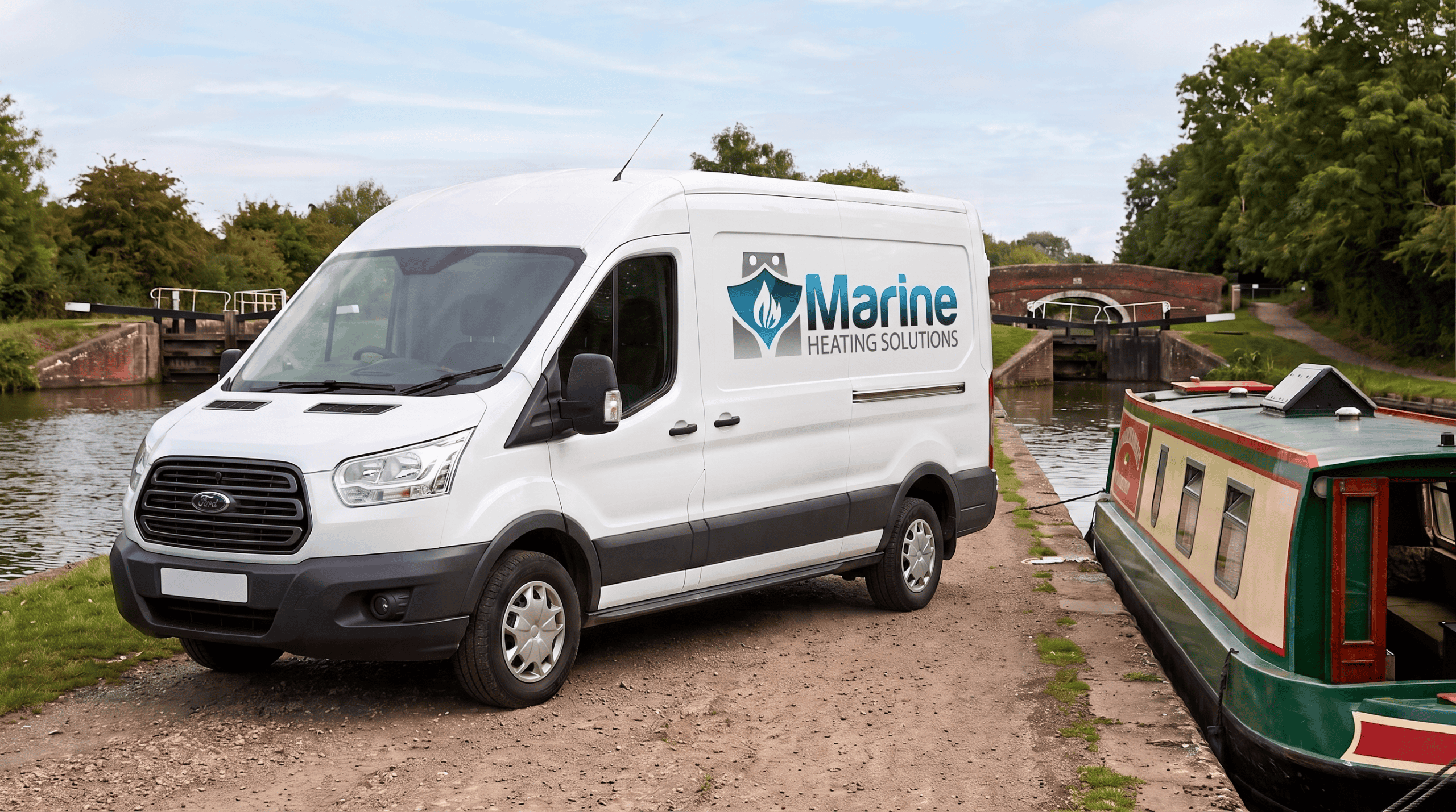 A white Ford Transit engineering van branded with the Marine Heating Solutions logo, parked on a gravel towpath next to a traditional green and red narrowboat at a UK canal lock system.