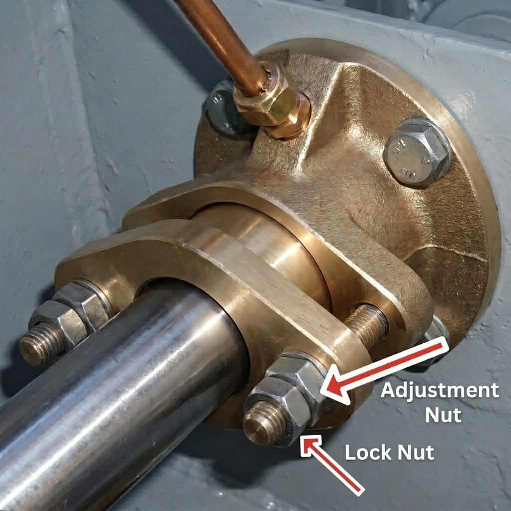 Diagram of a brass traditional narrowboat stern gland showing the propeller shaft, grease feed line, inner adjustment nut, and outer lock nut.