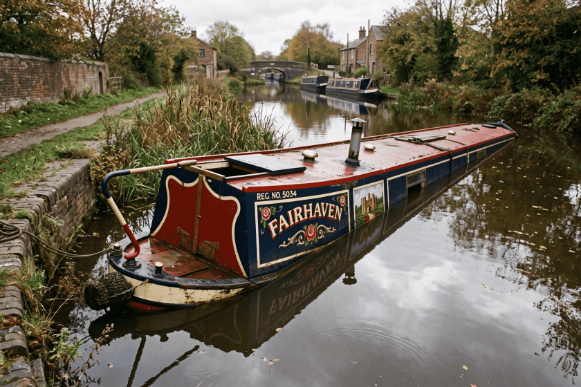 A traditional red and blue British narrowboat sitting low and partially sunken at the stern in a UK canal.