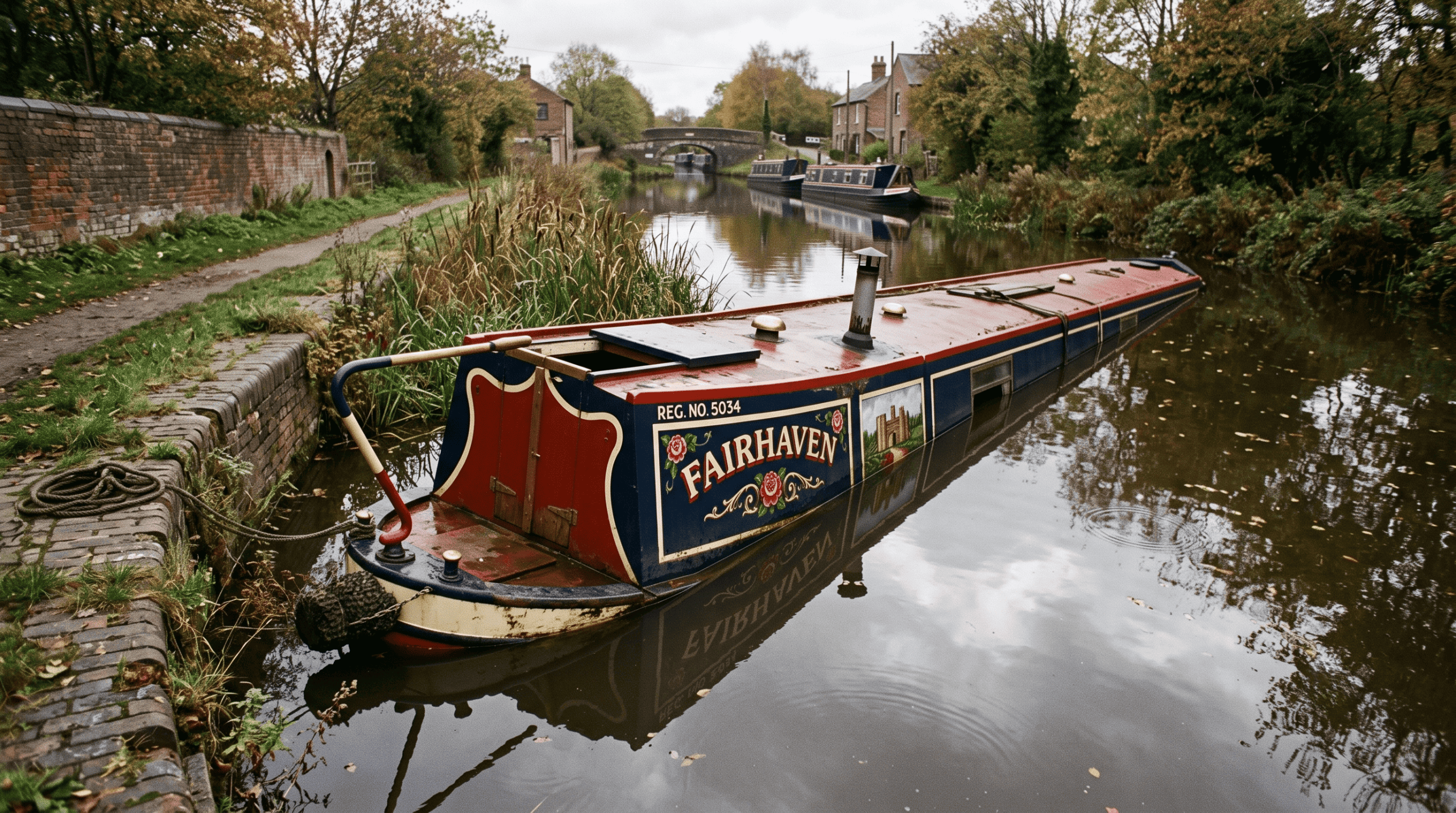 A traditional red and blue British narrowboat sitting low and partially sunken at the stern in a UK canal.