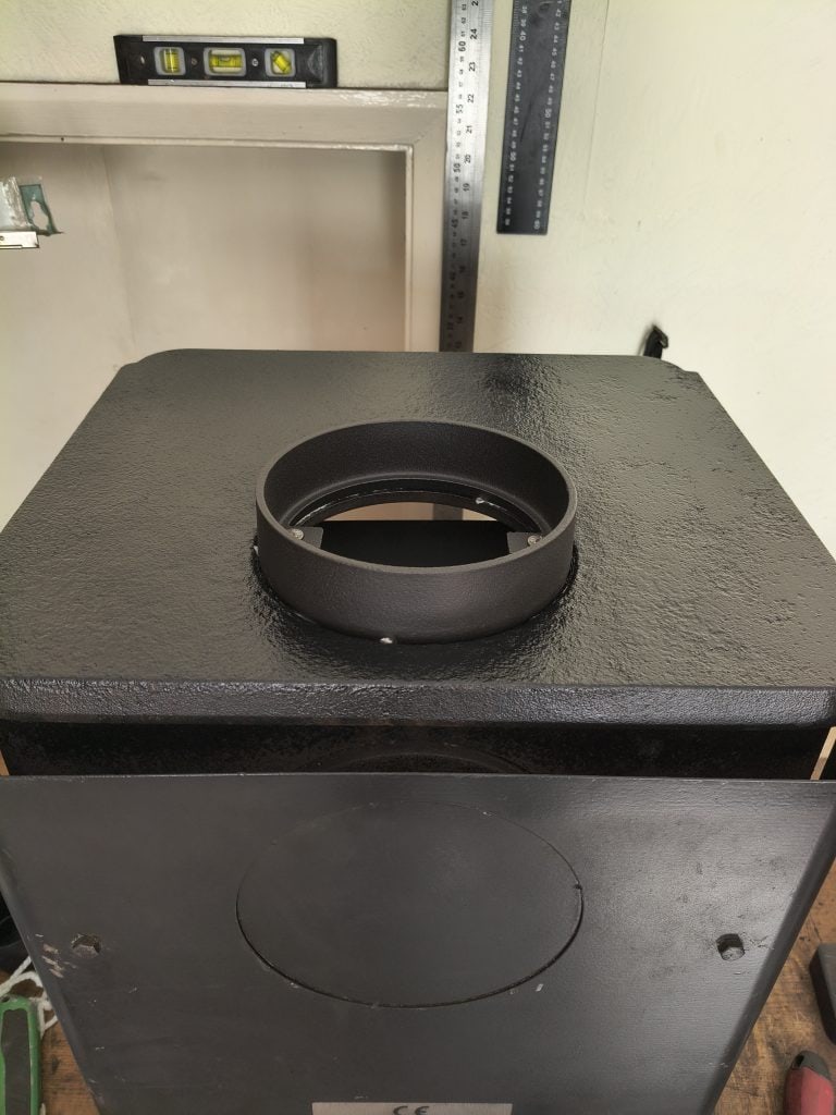 Rear top-down view of Morso 1412 stove top plate and heat shield
