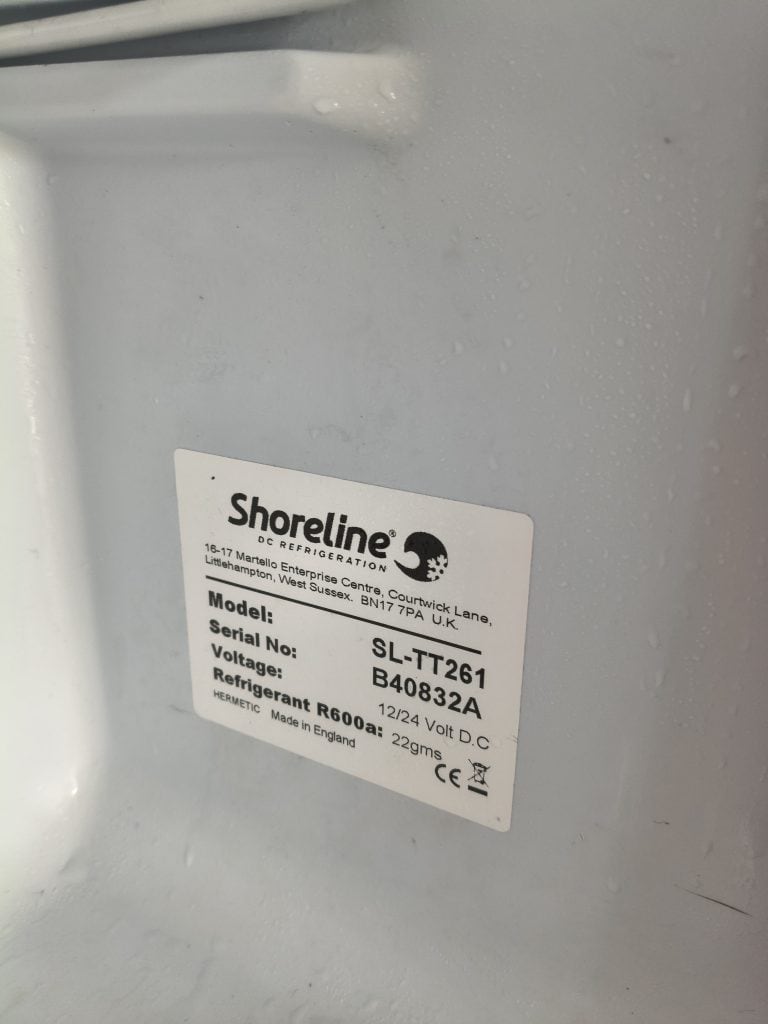 Specification label on Shoreline SL-TT261 12V DC fridge