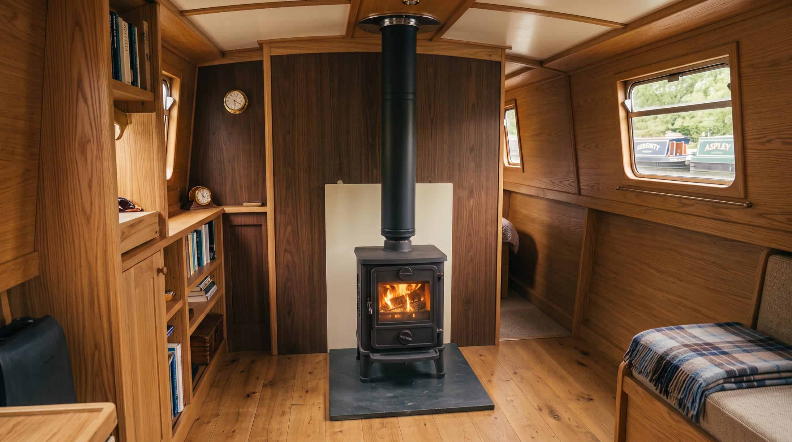 Professional solid fuel stove installation on a narrowboat featuring a matte-black twin-wall insulated flue, slate hearth, and air-gapped thermal heat shield.