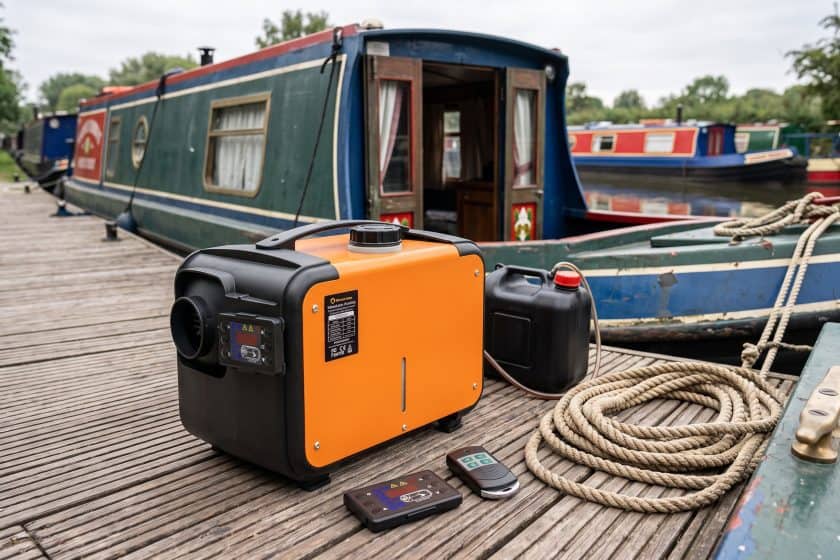 An orange and black all-in-one budget diesel heater sitting on the wooden deck of a narrowboat beside coiled marine rope.
