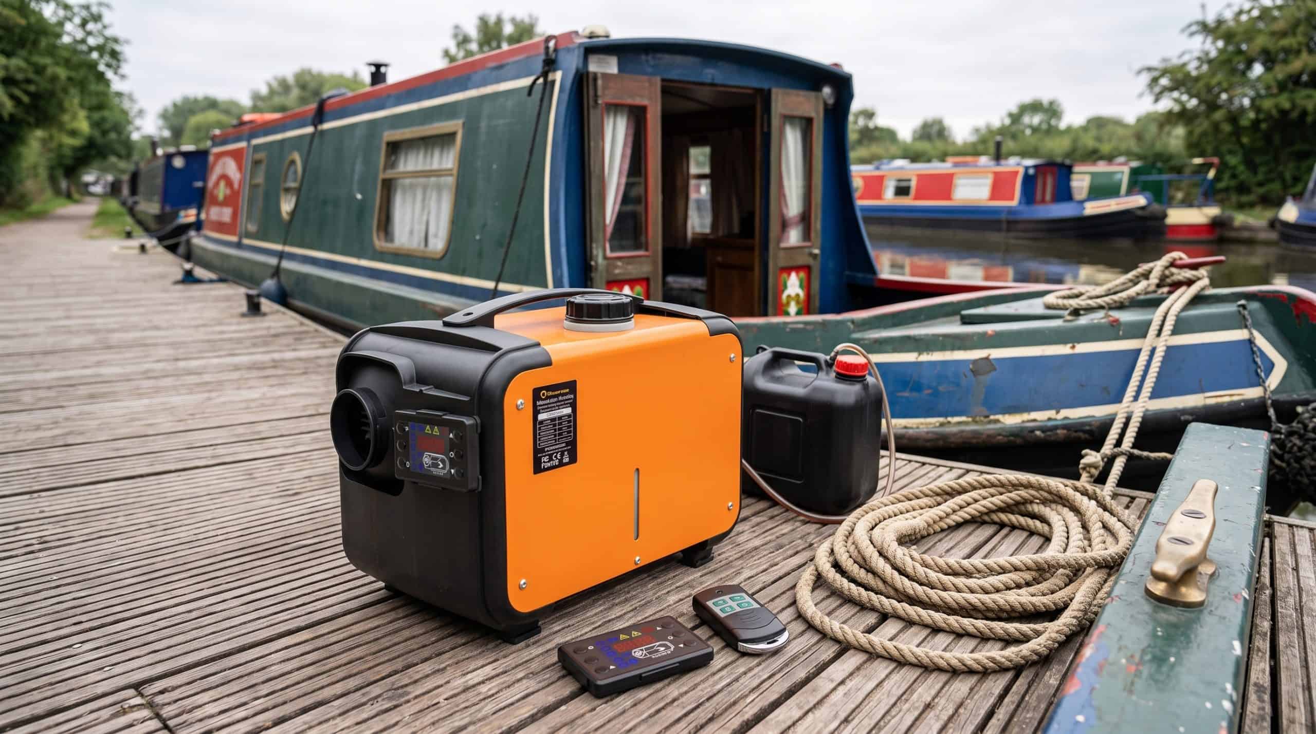 An orange and black all-in-one budget diesel heater sitting on the wooden deck of a narrowboat beside coiled marine rope.