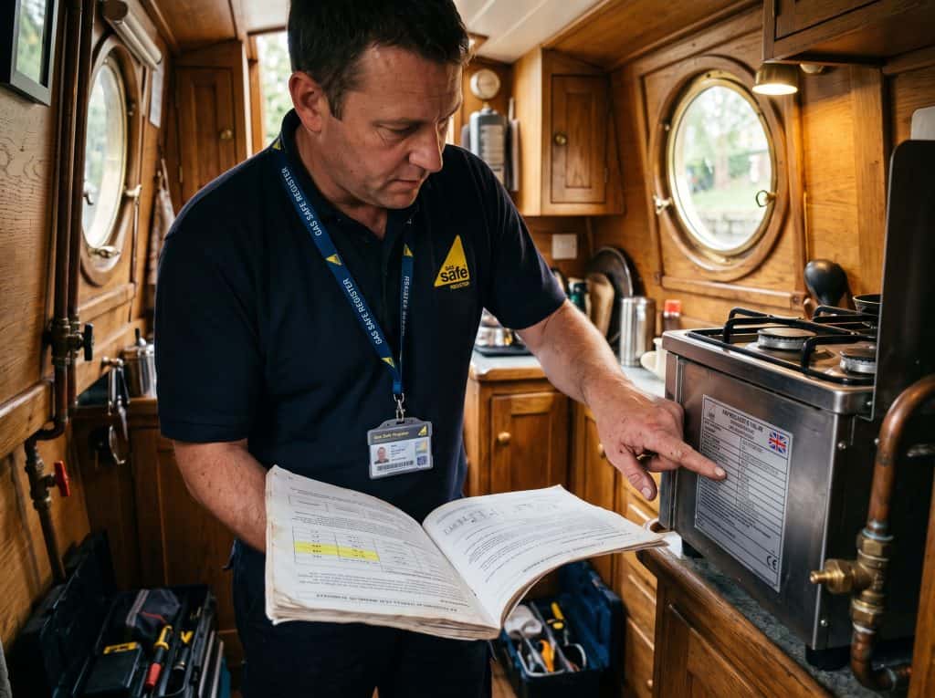 Marine heating expert verifying appliance compliance manual specifications against ISO standards on a narrowboat