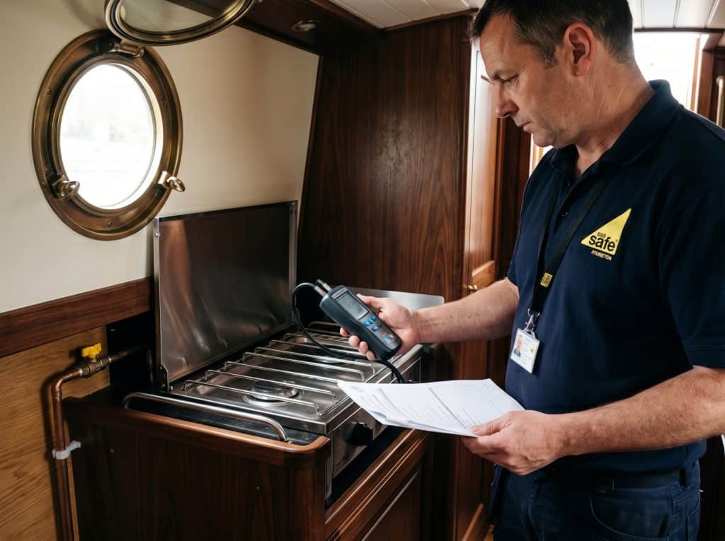 Gas Safe registered engineer holding a digital gas analyzer and inspection documents next to a marine LPG hob on a boat