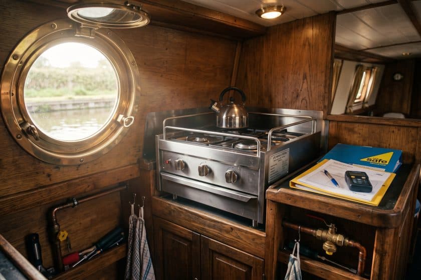 Stainless steel marine LPG hob with sea rails installed in a narrowboat galley next to Gas Safe inspection paperwork and testing equipment
