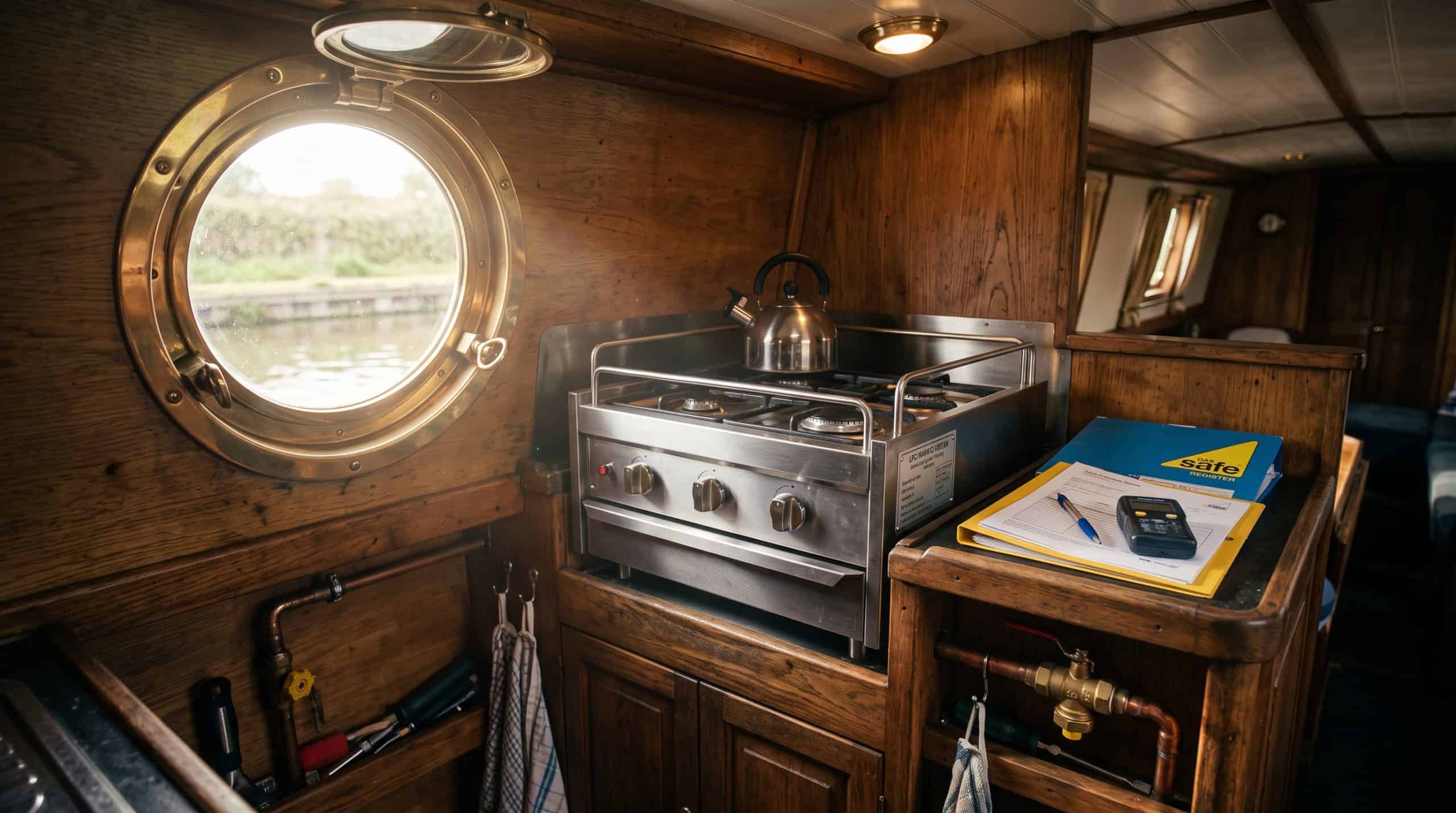 Stainless steel marine LPG hob with sea rails installed in a narrowboat galley next to Gas Safe inspection paperwork and testing equipment